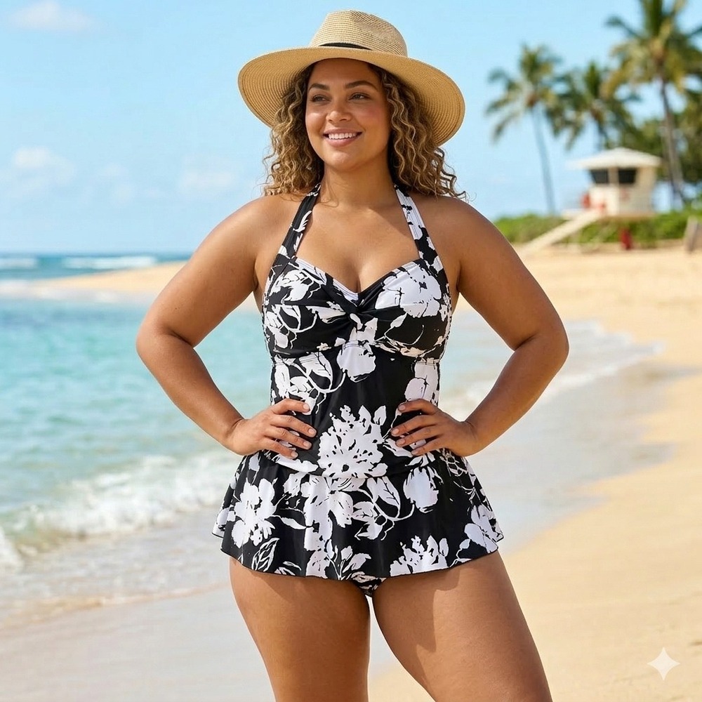 Swimsuits For All Black and White Floral One-Piece Swimdress
